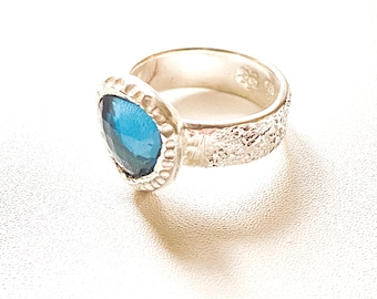 London Blue Topaz Ring: Handmade Textured Sterling Silver with Gemstone