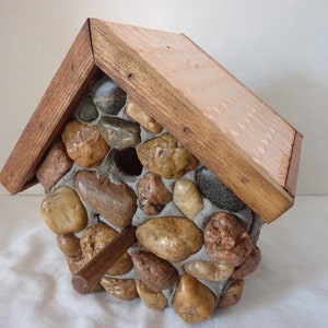 Handmade Outdoor Rustic Stone Wren Birdhouse with a Copper Roof