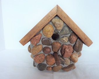 Handmade Outdoor Rustic Stone Wren Birdhouse with a Copper Roof