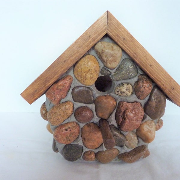 Handmade Outdoor Rustic Stone Wren Birdhouse with a Copper Roof