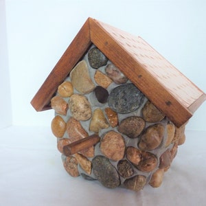 Handmade Outdoor Rustic Stone Wren Birdhouse with a Copper Roof