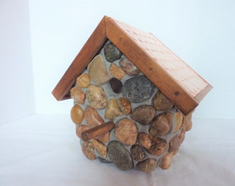 Handmade Outdoor Rustic Stone Wren Birdhouse with a Copper Roof