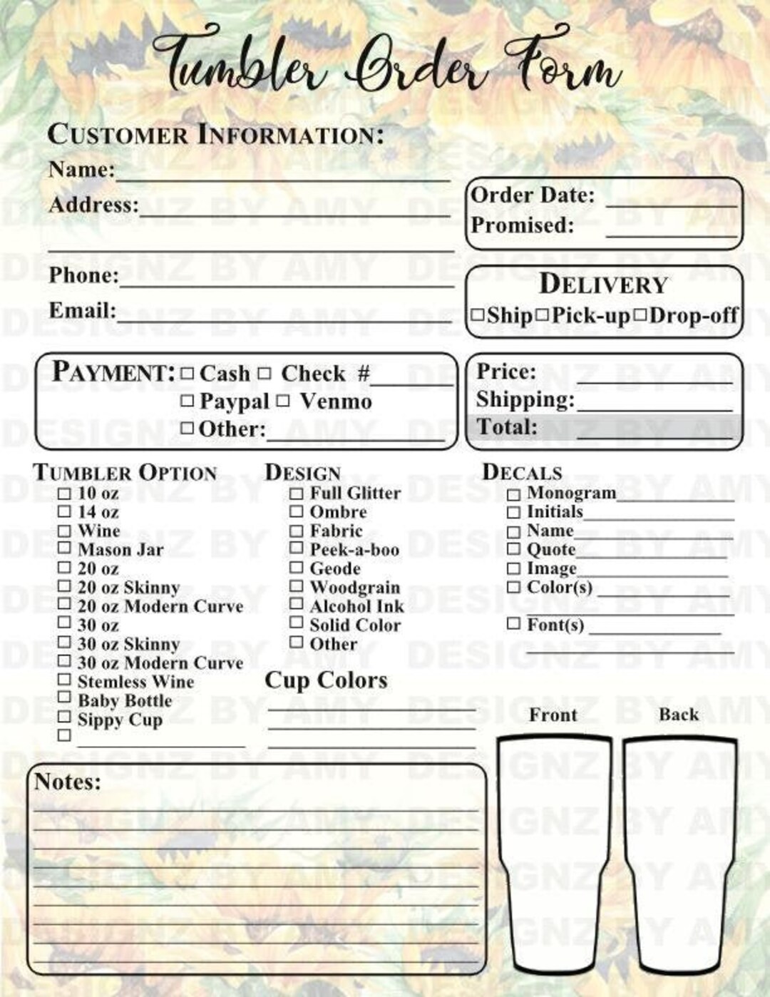 Custom Tumbler Order Form Etsy