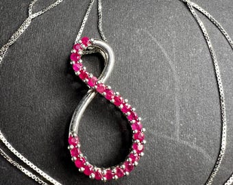 Vintage Ruby Infinity Pendant Necklace Sterling Silver 18” Chain