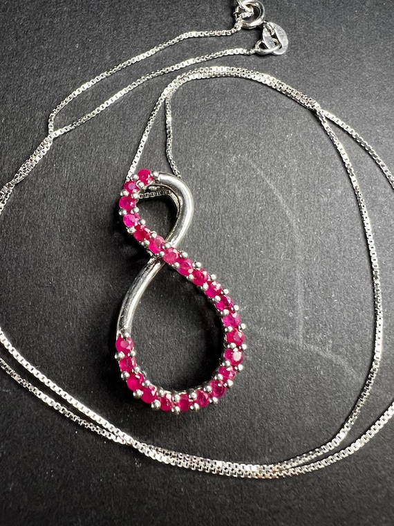 Vintage Ruby Infinity Pendant Necklace Sterling Silver 18” Chain
