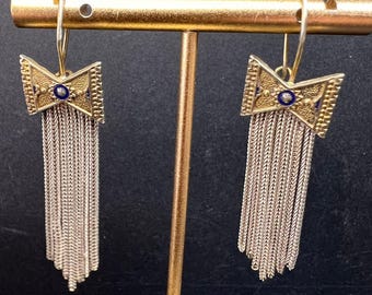 Vintage Turkish sterling silver foxtail fringe enamel bow earrings