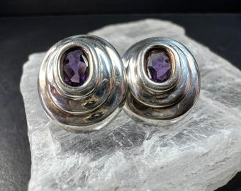 Vintage Sterling Silver Amethyst Modernist Stud Earrings