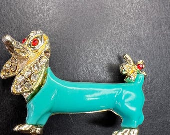 Vintage Gold Tone Dachshund Brooch Turquoise Lucite Rhinestones