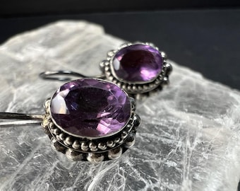 Vintage Balinese Sterling Silver Amethyst Drop Earrings Beaded Halo