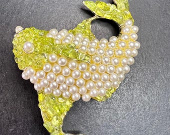 Vintage Faux Pearl & Genuine Peridot Fish Statement Pin