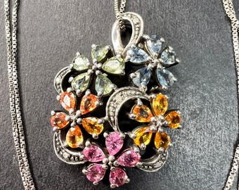 Vintage Sterling Silver Multi Sapphire & Diamond Flower Pendant