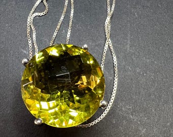 Huge Vintage Lemon Quartz Sterling Silver Statement Pendant Necklace 18” Chain