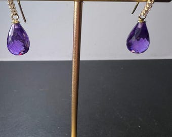 Vintage 14k gold amethyst briolette and diamond dangle earrings