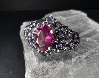 Vintage Pink Tourmaline Tanzanite Sterling Silver Cluster Ring Size 7