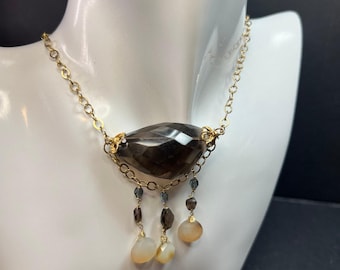 Vintage Gold Filled Smoky Quartz & Faceted Agate Drop Necklace 16–18”