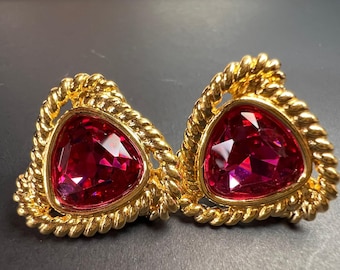 Vintage Swarovski Magenta Crystal Gold Tone Rope Post Earrings