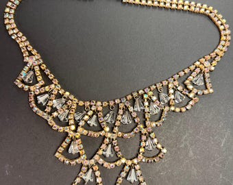 Vintage AB Rhinestone Bib Necklace Clear Glass Dangles Gold Tone