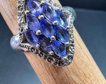 Vintage Tanzanite Diamond Sterling Silver Marquise Ring Size 9