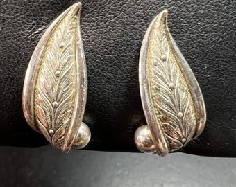 Vintage Forstner Sterling Silver Leaf Screwback Earrings Mid Century