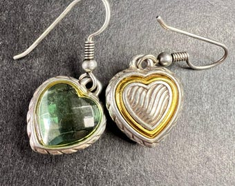 Vintage 90s Sterling Silver Green Glass Heart Earrings Gold Accent 925 Dangle