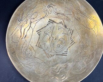 Antique 1920s Chinese Etched Brass Dragon Bowl - 10” Hand Engraved MCM Decor