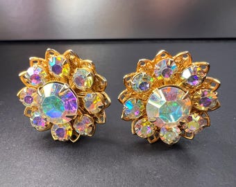 Vintage AB Rhinestone Floral Clip-On Earrings | Mid-Century Costume