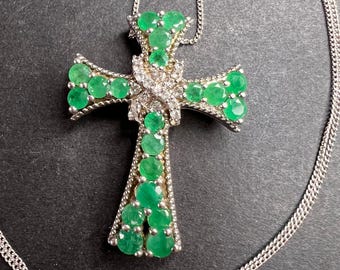 Vintage Emerald and zircon sterling silver cross pendant with 20 inch chain