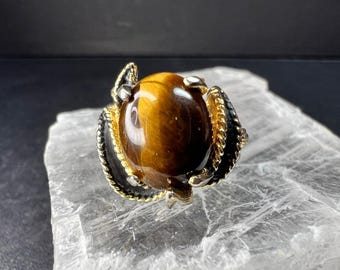 Vintage Espo Tiger’s Eye Ring Size 7.5 18K HGF Gold Filled Statement