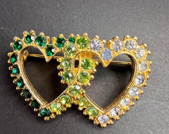 Vintage Gold Tone Double Heart Green Clear Rhinestone Brooch