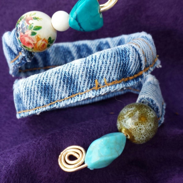 Unique One of a Kind Adjustable Recycled Denim Wrapped Wire Beaded Bracelet