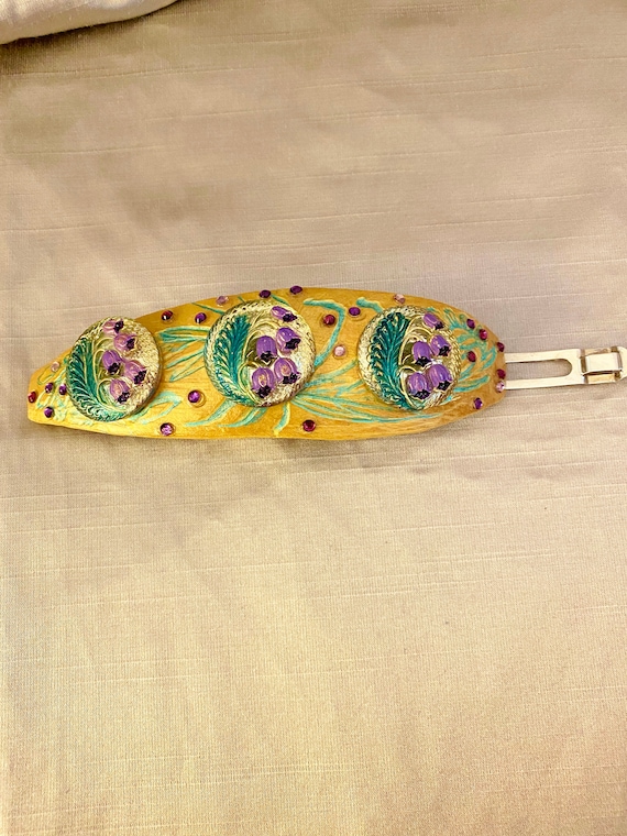 Flower Gourd Barrette:  Czech Glass Flower with Swirled Leaves
