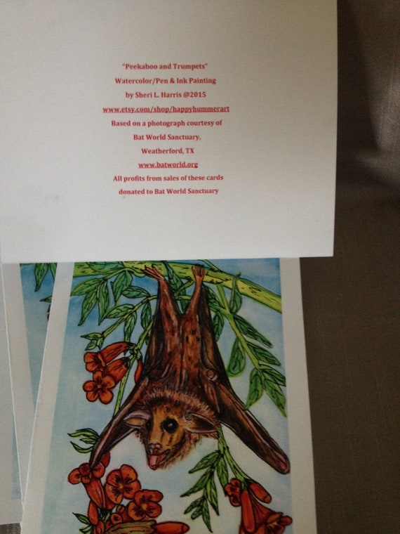 DONATION Bat Blank Notecards:  Peekaboo and Trumpets