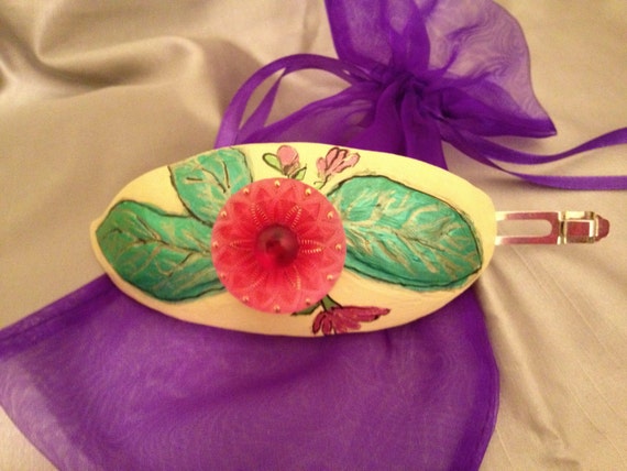 Flower Gourd Barrette:  Czech Glass Cherry Daisy
