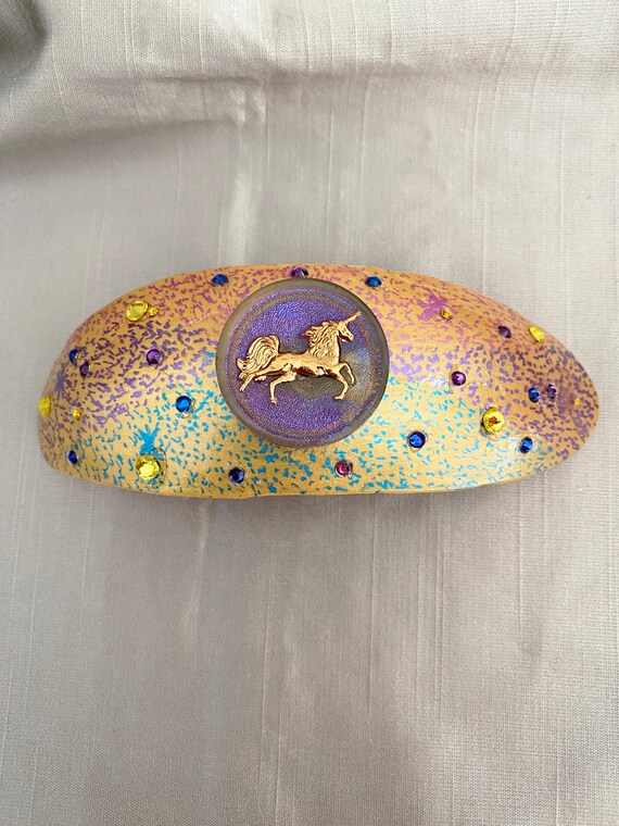 Unicorn Gourd Barrette:  Czech Glass Purple Unicorn and Stardust