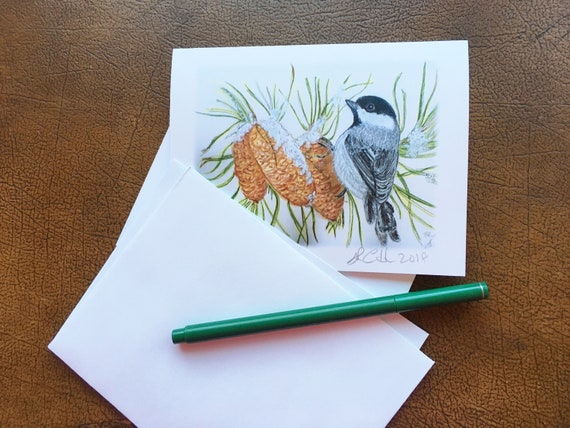 Blank Notecards: Chickadee and Pine Cones