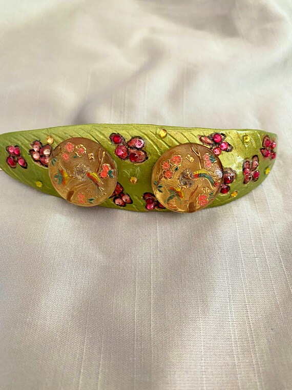 Bird Gourd Barrette:  Czech Glass Coral Tropical Birds