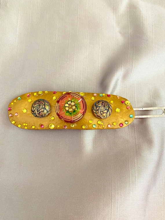 Flower Gourd Barrette:  Czech Glass Flower with Swirled Leaves