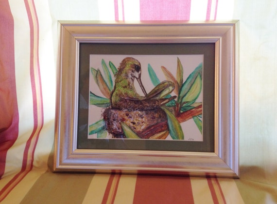 Framed, Ready to Hang Original Watercolor of Mother Hummingbird