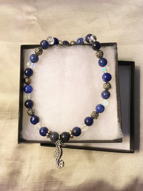 Jewelry for Cats:  Sodalite and Crystal Necklace with Seahorse Charm