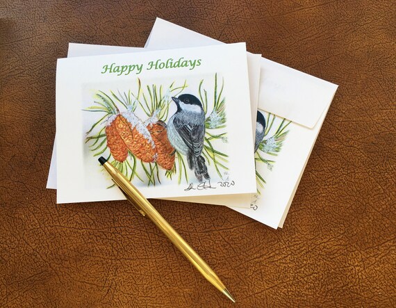 Blank Notecards: Holiday Chickadee and Pine Cones