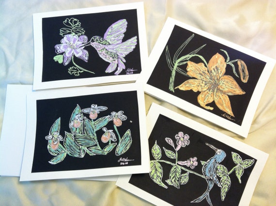 Hummingbird and Flowers Blank Notecards:  OOAK Hand Painted Embossed Hummingbirds and Flowers