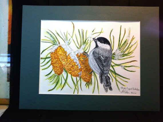 ORIGINAL Chickadee and Pine Cones Watercolor Painting