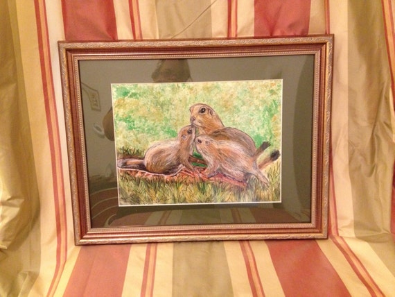 ORIGINAL FRAMED Prairie Dog Mom and Pups Watercolor Painting