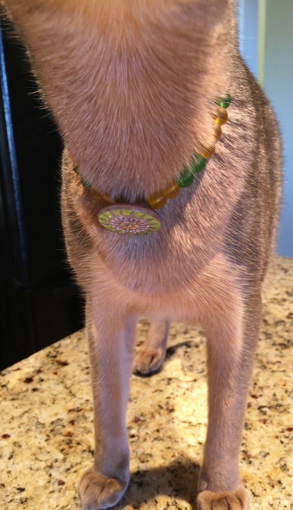 Jewelry for Cats:  Green and Citrine Beads with Czech Glass Button