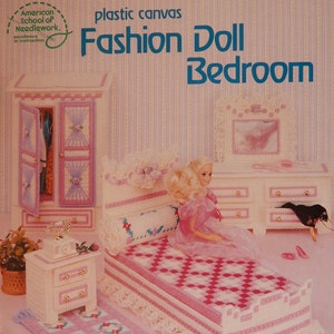 Vintage Fashion Doll Bedroom Furniture Plastic Canvas Pattern Book Night Table Bed Closet, Vanity/ American School Needlework 3060