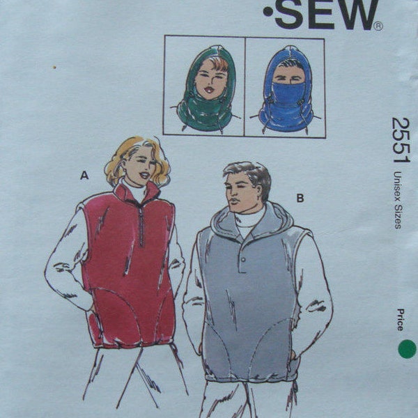 Vintage Unisex Vests Hood Balaclava Sewing Pattern/ KWIK Sew 2551/ Adult Size XS- S- M- L- XL/ man, women, side seam, zipper, pocket/ Uncut