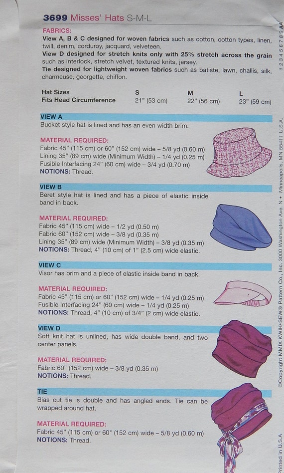 Hats Sewing Pattern 4 Designs Bucket Sun Visor Mock Turban Etsy