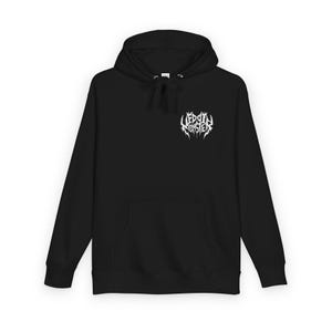 May include: Black hooded sweatshirt with a front pocket and a drawstring hood. The sweatshirt features a white graphic on the upper left chest that reads "Liedzin Monsters" in a stylized font. The garment is made of a soft material.