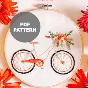 Petal Into Spring | Daisy Bike Embroidery Pattern, PDF Pattern, Intermediate Embroidery Pattern PDF