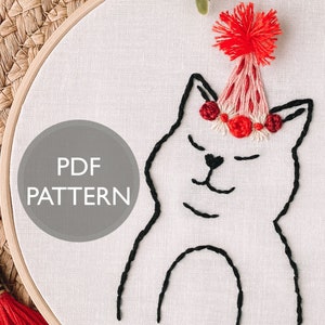 Party Cat Embroidery PDF, PDF Pattern for Embroidery, Embroidery Pattern for Beginner